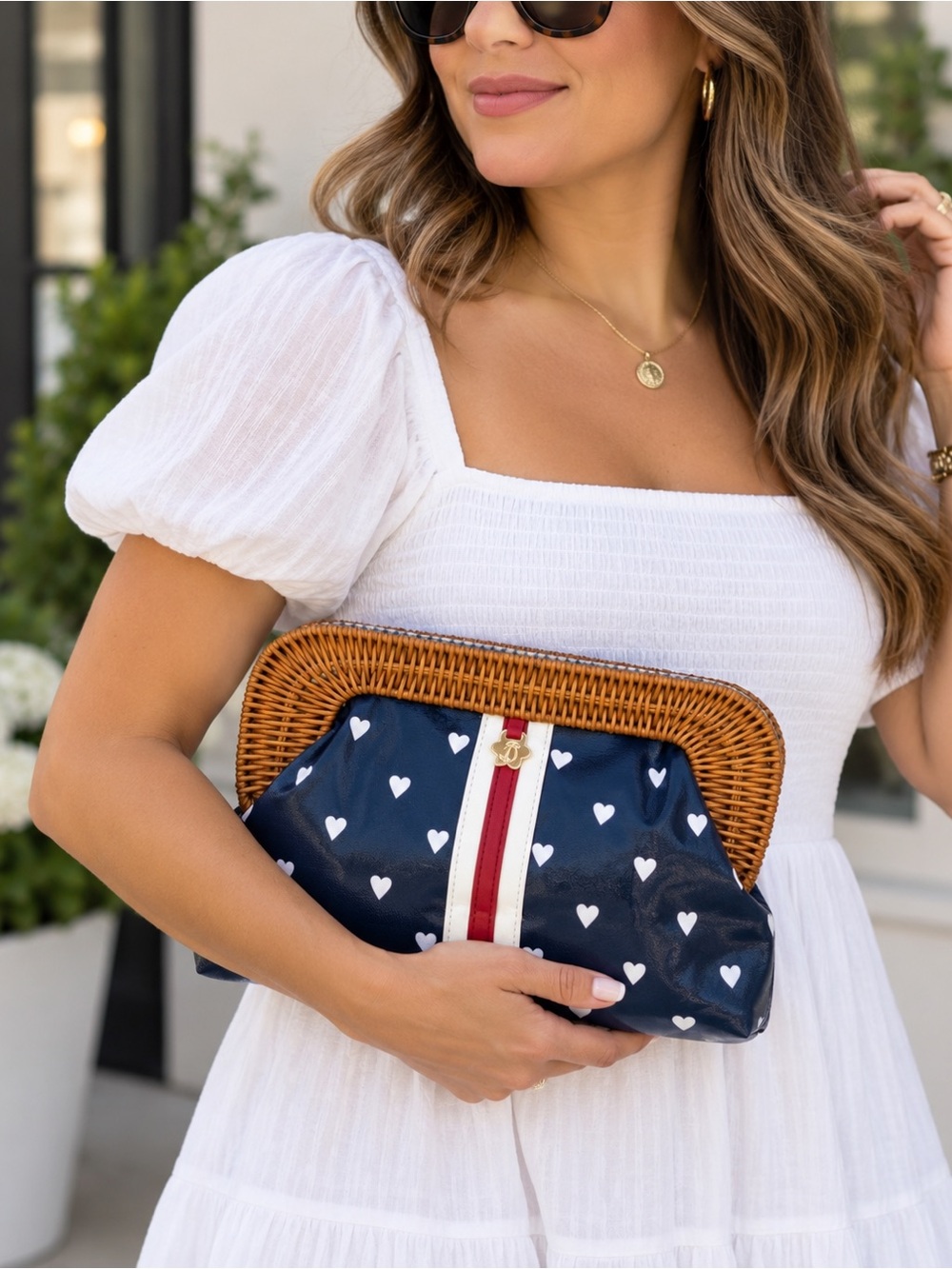 Draper James Navy Heart Wicker Handle Clutch Bag